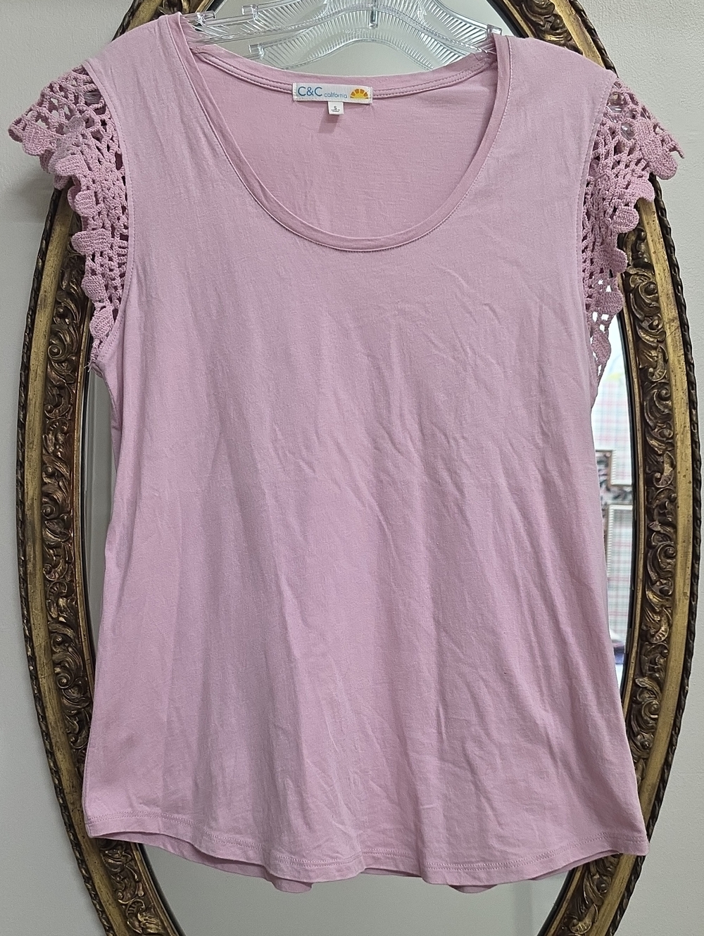 C&C California Light Pink Crochet Cap Sleeve Tank Top Shirt Size S